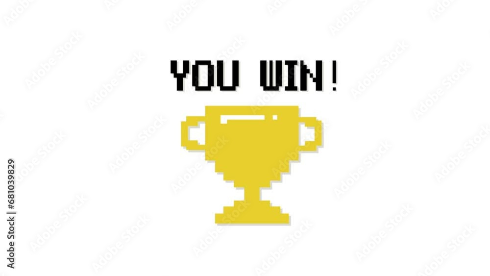 Pixel art 8-bit You Win text with one big winner golden cup on white background Pixel art 8-bit You Win text with one big winner golden cup on white background