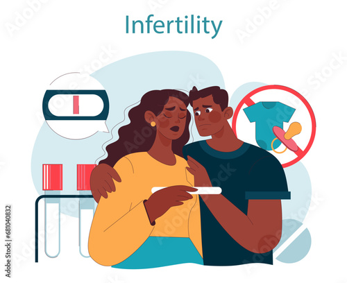 Infertility. Distraught couple facing infertility challenges, negative pregnancy test result, dream of baby fading. Overcoming reproductive obstacles. Flat vector illustration