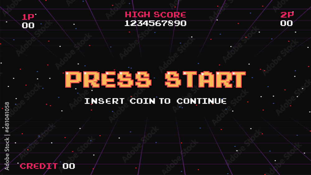 PRESS START INSERT A COIN TO CONTINUE .pixel art .8 bit game.retro game. for game assets in vector illustrations.Retro Futurism Sci-Fi Background. glowing neon grid.and stars from vintage arcade comp	 - obrazy, fototapety, plakaty 