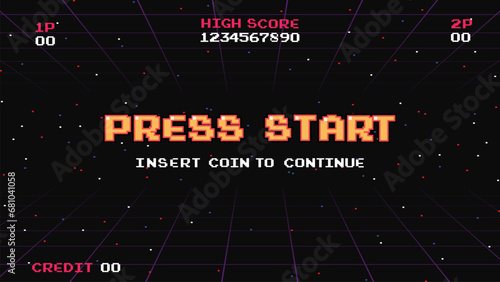 PRESS START INSERT A COIN TO CONTINUE .pixel art .8 bit game.retro game. for game assets in vector illustrations.Retro Futurism Sci-Fi Background. glowing neon grid.and stars from vintage arcade comp	