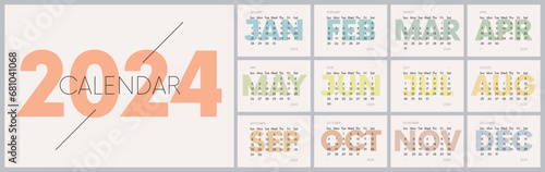 Monthly minimalistic vector calendar 2024 with week start Sunday, 12 pages with colored months, Work or business planner grid in horizontal design, English version