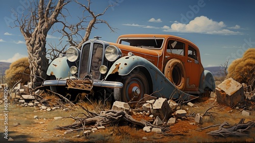Cool flat style illustration on abandoned rusty old car wreckage with torn out door, dented hood, no windscreen and glass, no rear wheel photo