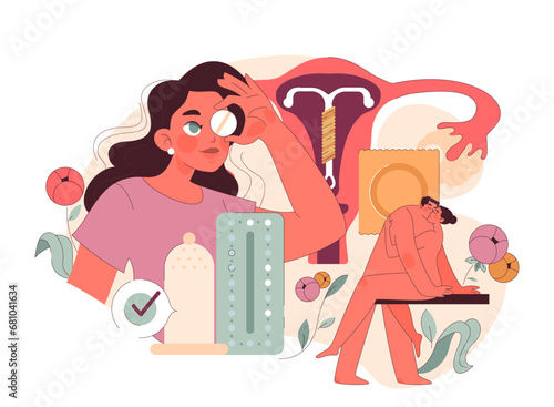 Contraception concept. A woman explores diverse birth control methods, showcasing pills, IUD, and condoms, emphasizing informed choices. Reproductive health awareness. Flat vector illustration.