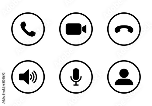 Call, video camera, microphone, speaker, and profile icon vector in circle line