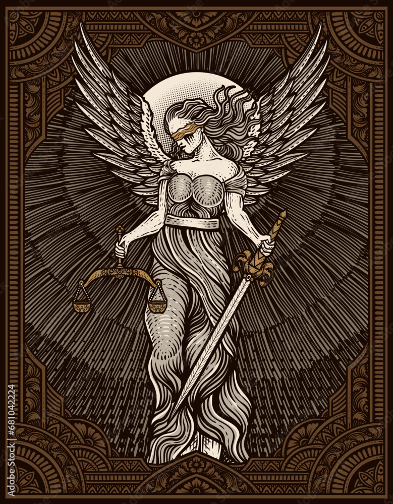 Fototapeta premium Illustration hand drawn. Vintage justice angel with engraving ornament frame. Vector design