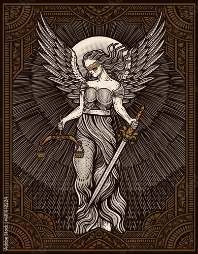 Illustration hand drawn. Vintage justice angel with engraving ornament frame. Vector design