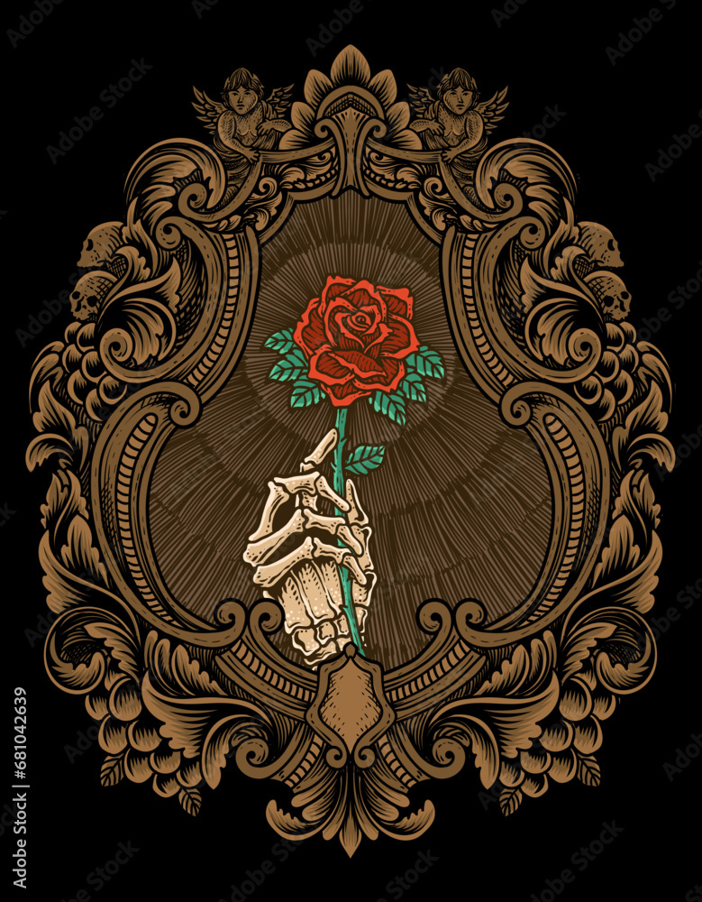 Illustration vector skull holding rose flower with engraving ornament frame