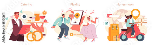 Wedding Preparation set. Groom finalizes catering details, couple enjoys their playlist, newlyweds plan a romantic honeymoon. Memorable moments. Love and commitment. Flat vector illustration.
