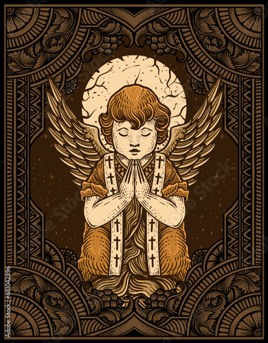 Illustration vector cupid angel praying with engraving ornament frame. Vector design
