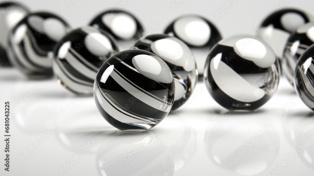 a group of black and white balls sitting next to each other on top of a white surface with one black and white ball in the middle of the middle of the group. a group of black and white balls sitting next to each other on top of a white surface with one black and white ball in the middle of the middle of the group.