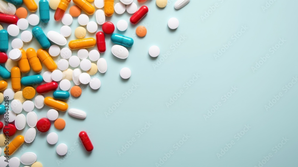 many different tablets, blue background, top view, banner, copy space many different tablets, blue background, top view, banner, copy space