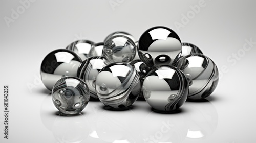  a pile of shiny metal balls sitting on top of a white table next to a black and white ball on top of a black and silver ball on a white background.