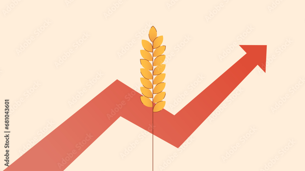 A vector illustration depicting a single ear of wheat, as well as a zigzag arrow pointing upward. An illustration representing rising prices for essential products. Economic instability. A vector illustration depicting a single ear of wheat, as well as a zigzag arrow pointing upward. An illustration representing rising prices for essential products. Economic instability.
