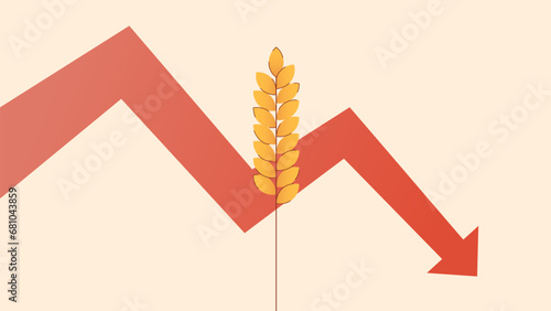 Vector illustration depicting a single ear of wheat, as well as a zigzag arrow pointing downwards. An illustration representing rising prices for essential products. Economic instability.