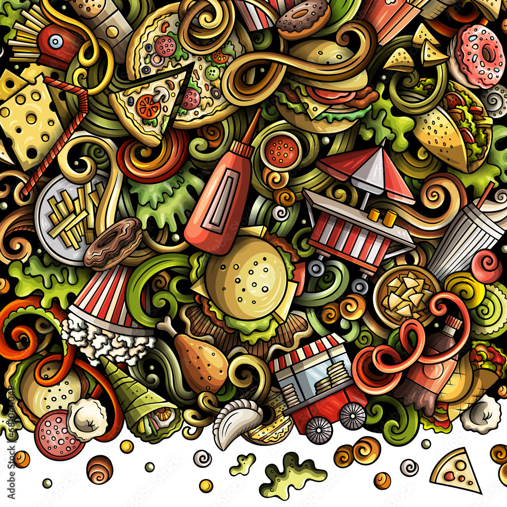 Fastfood detailed cartoon border illustration Fastfood detailed cartoon border illustration