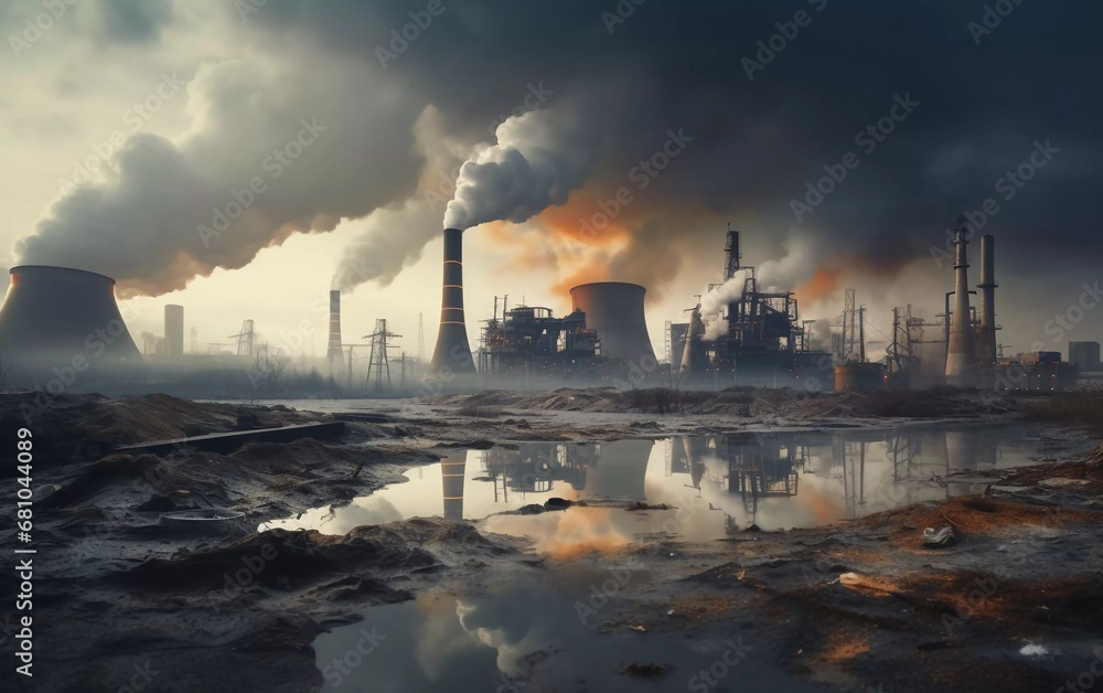 realistic photo of industrial factory air pollution, global warming concept. generative ai