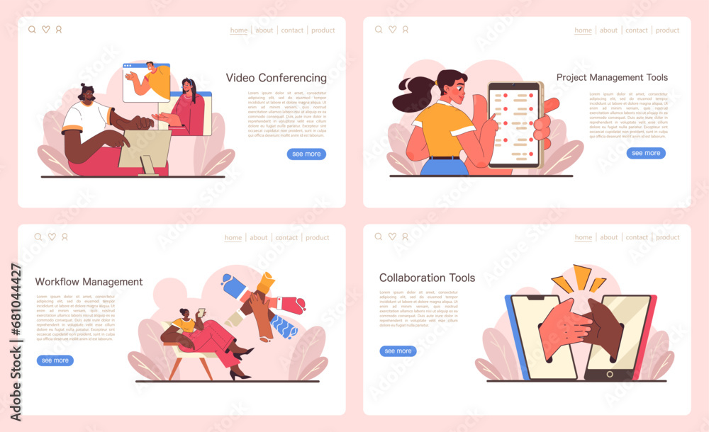 Digital Teamworks concept. Diverse virtual collaboration and management depicted across telecommuting, remote work, and digital tools. Cohesive teamwork in the digital era. Flat vector illustration