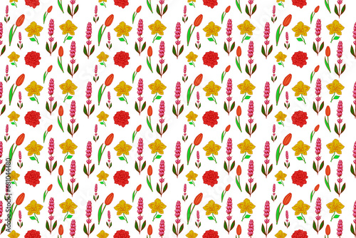 Floral Seamless Pattern in Bright Colors and Retro Hippie Style.