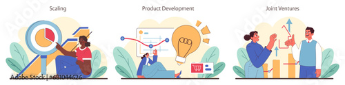 Business strategies set. Diverse professionals navigating market trends. Market penetration, sustainable growth, market development. Flat vector illustration.