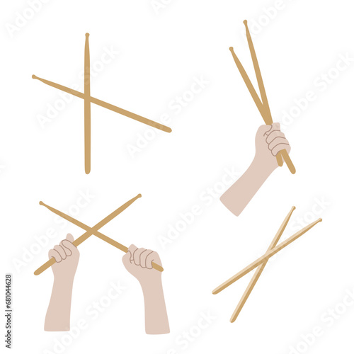 Drumsticks and hands Flat set. Vector Collection of Music equipment isolated on white. Musical and percussion concept, Crossed Sticks for Drums. Design element for Sticker pack, Card, Poster, Banner.