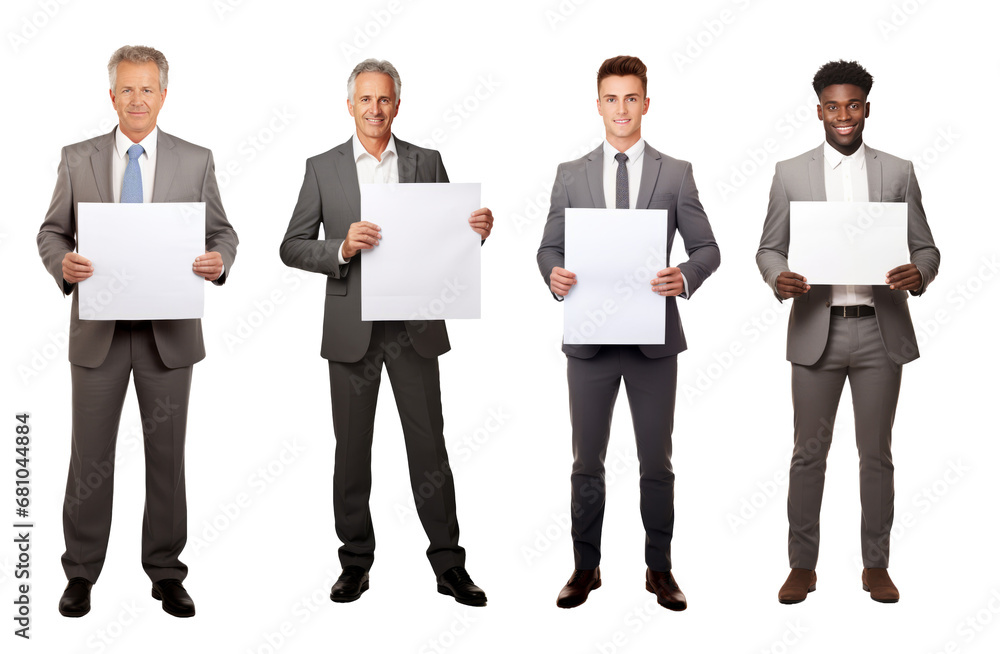 Business man holding a blank sign. Group of business men with sign isolated on transparent background Business man holding a blank sign. Group of business men with sign isolated on transparent background