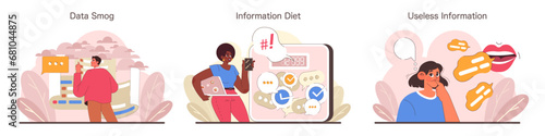 Information Overload set. Characters coping with data smog, selecting a nutritious information diet, and rejecting useless data. Modern digital life challenges. Flat vector illustration