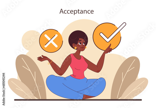 Patience. Calm person meditating and finding balance. Mental or emotional strength, psychological self-control. Strong determination to the objective. Flat vector illustration