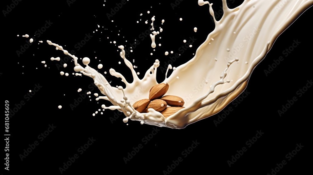Almond milk splash isolated on black background, clipping path included. Vegan Food Concept. Healthy Food. - obrazy, fototapety, plakaty 