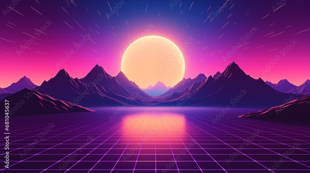 Landscape with mountains, Trendy neon synth wave background with sunset sky, road and mountains, retro abstract background.