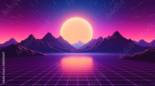 Landscape with mountains  Trendy neon synth wave background with sunset sky  road and mountains  retro abstract background.