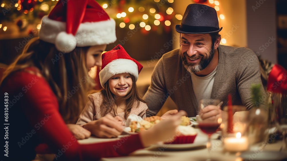 family enjoy Christmas dinner wearing Santa hat with joy and fun, happy family time, father mother and daughter, generative Ai family enjoy Christmas dinner wearing Santa hat with joy and fun, happy family time, father mother and daughter, generative Ai
