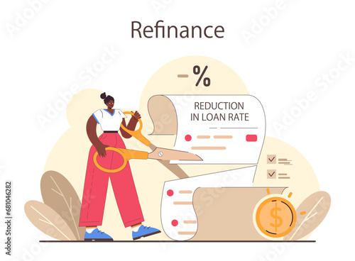 Refinance process. Loan rate reduction to lender agreements. Debt obligation with better interest rate. Housing loan, real estate mortgage. Flat vector illustration