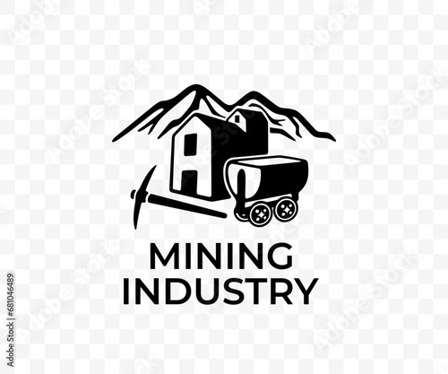 Mining industry, mountains, mine, mine cart and pickaxe, graphic design. Mining cart, pickax, digging, geology and geological, vector design and illustration