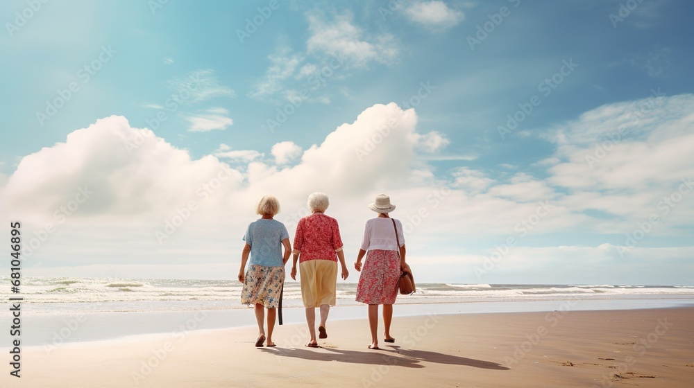 senior friends walking on beach background