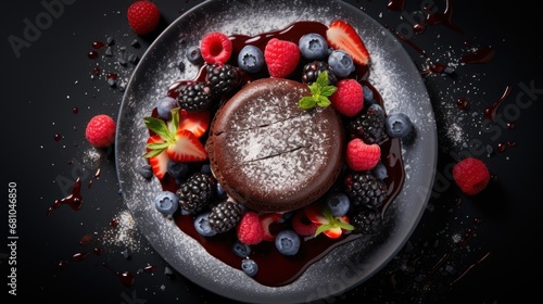  a dessert on a plate with berries, raspberries, blueberries, and powdered sugar on the top of the plate and on the bottom of the plate.