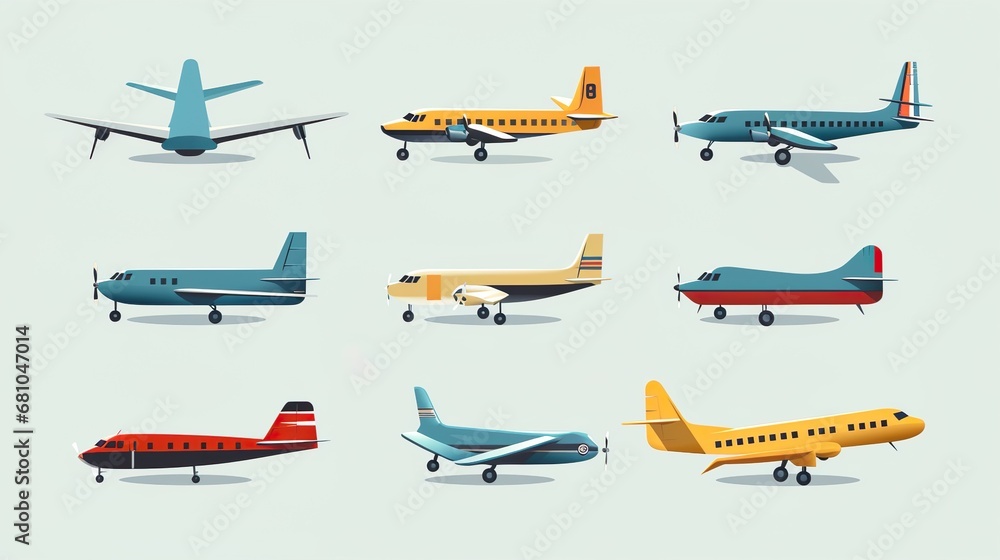 Airplane icons set. Plane flight pictogram. Transport, symbol travel. Isolated raster illustration on white background. Airplane icons set. Plane flight pictogram. Transport, symbol travel. Isolated raster illustration on white background.