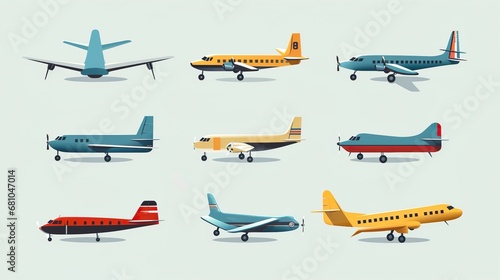 Airplane icons set. Plane flight pictogram. Transport, symbol travel. Isolated raster illustration on white background.