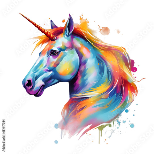 Pink handdrawn unicorn watercolor illustration isolated on transparent background