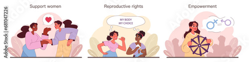 A confident woman showcases various scenes of empowerment, from gender equality to body positivity. Feminist symbols. Supportive narratives. Reproductive rights. Flat vector illustration.