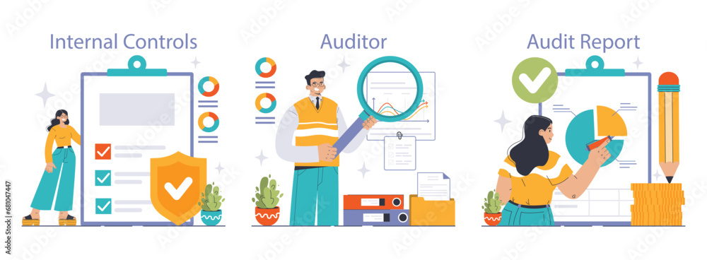 Audit process set. Professionals assessing financial statements. Internal controls evaluation, auditor's analysis, comprehensive audit report insights. Pie chart review. Flat vector illustration. - obrazy, fototapety, plakaty 