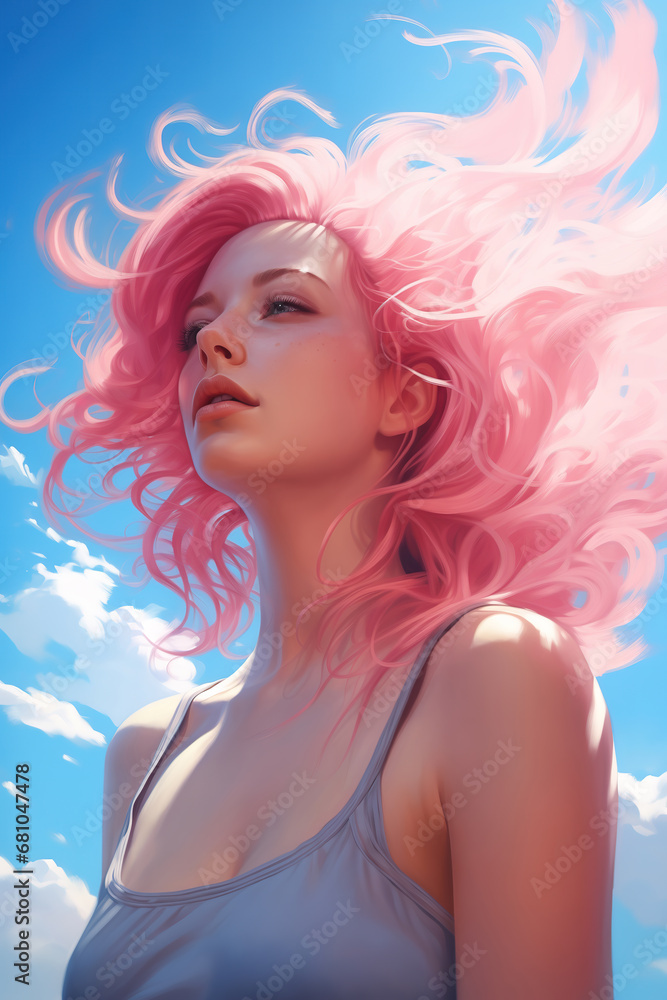 Cute young woman with flowing pink hairs, low angle view, beautiful realistic illustration