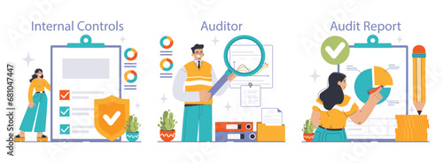 Audit process set. Professionals assessing financial statements. Internal controls evaluation, auditor's analysis, comprehensive audit report insights. Pie chart review. Flat vector illustration. photo