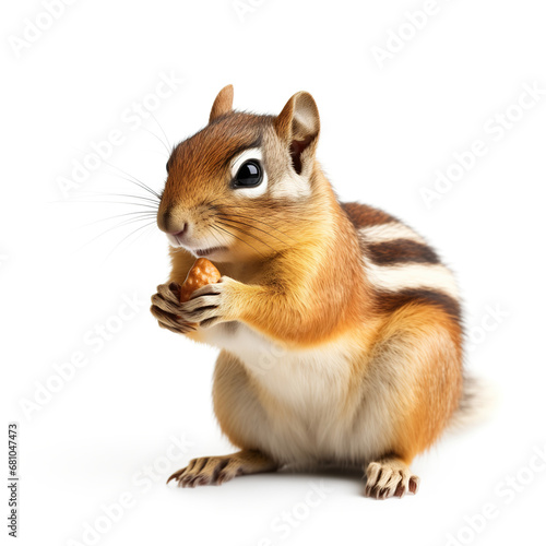 Cute chipmunk eating nut, isolated on white background 