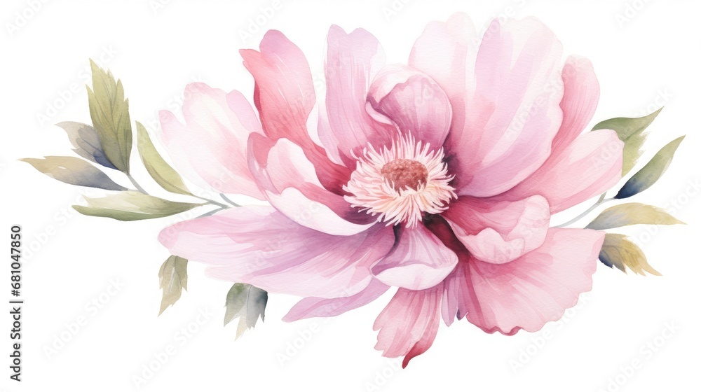 Abstract illustration of large, pink flowers in watercolor technique on white background. Print for printing