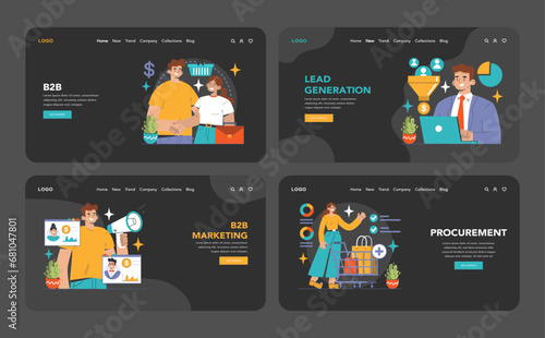 B2B Commerce dark or night mode web or landing set. Business characters doing business in online commerce, strategic alliances, CRM. Value proposition, stakeholder interactions. Flat vector