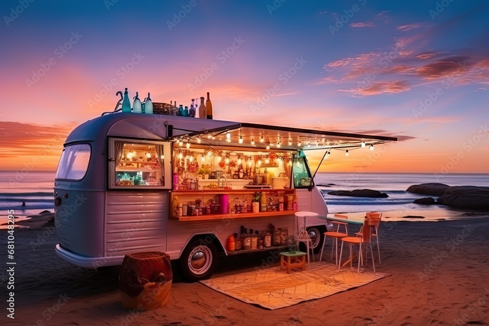 Open Festive Food Truck on Beach, Beach Party Night bar with Light Bulbs, Generative AI Illustration - obrazy, fototapety, plakaty 