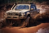 Off Road Vehicle Coming out of a Mud Hole Hazard, Generative AI Illustration