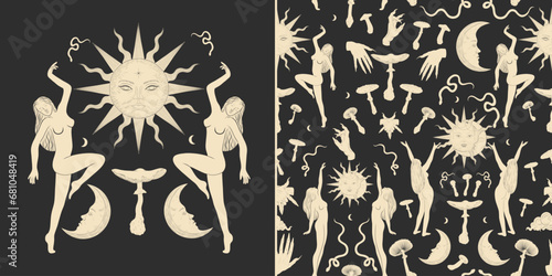 Vector illustration set of moon phases. Different stages of moonlight activity in vintage engraving style. Zodiac Signs