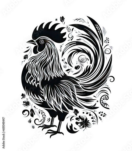 Wallpaper Mural Ornate Rooster Icon, Cockerel Portrait Isolated, Chinese Horoscope Minimal Rooster Symbol on White Torontodigital.ca