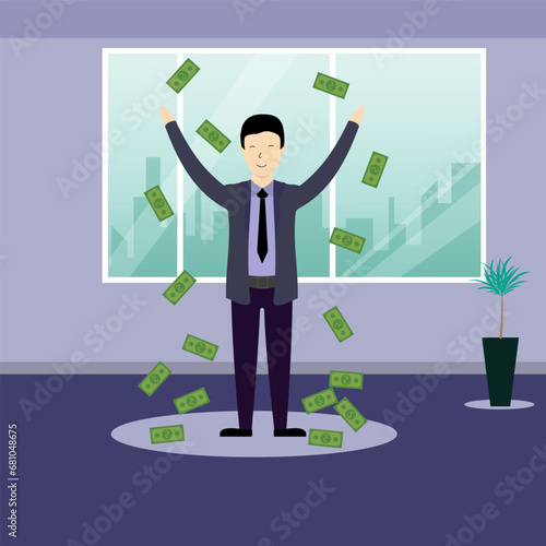 Capture the jubilation of financial achievement with illustrative portrayal of a man radiating happiness in the presence of money. Meticulously crafted, this scene conveys the exuberance.
